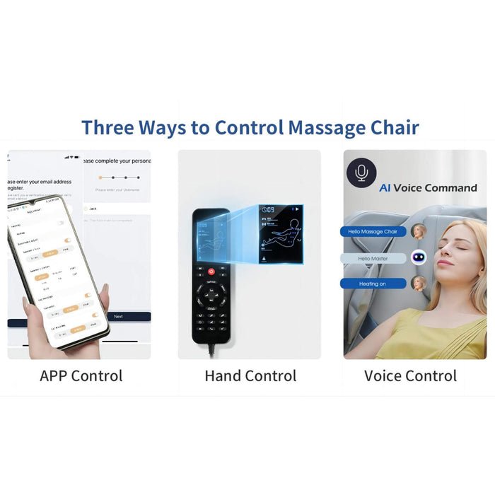 Three ways to control a massage chair: app control, hand control, and voice control.
