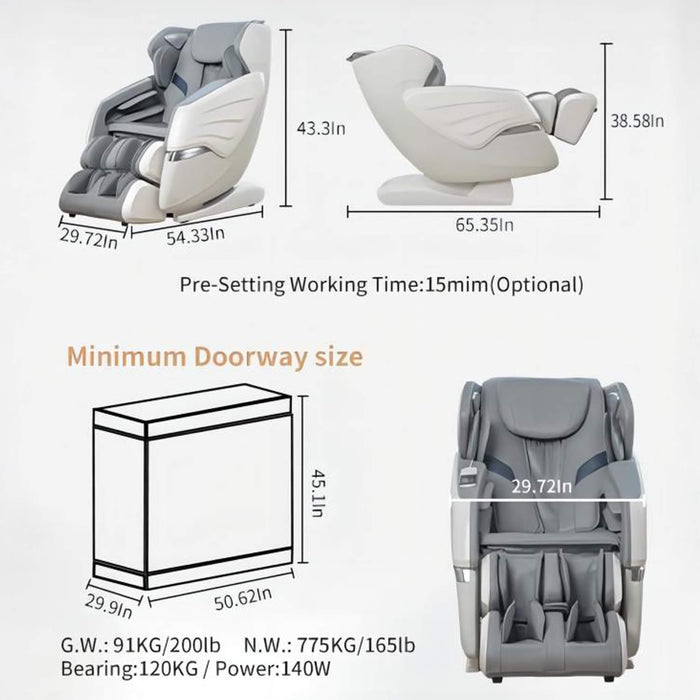 Gray massage chair with dimensions and specifications on a white background