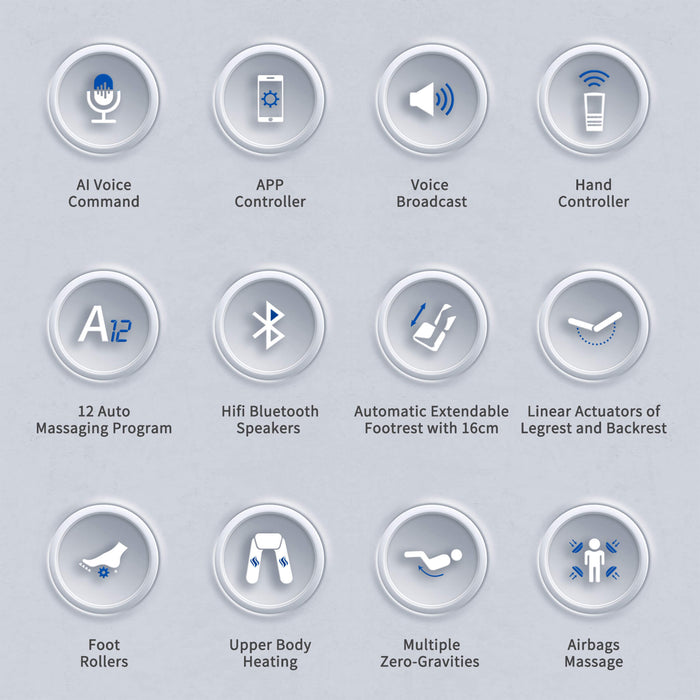 Set of icons representing various features on a gray background