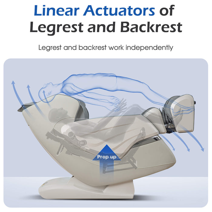Illustration of a massage chair with linear actuators labeled 'Legrest and Backrest' on a white background.