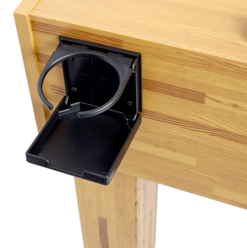 Black cup holder attached to a wooden surface
