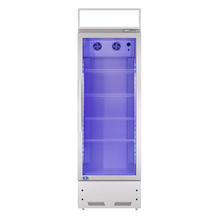 White vertical refrigerator with blue interior light on a white background