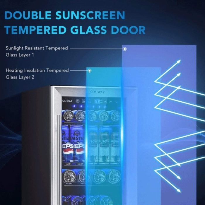 Cooler with double sunscreen tempered glass door design, featuring Pepsi bottles inside.