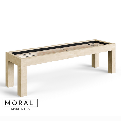 Shuffleboard table with 'MORALI' branding on a white background