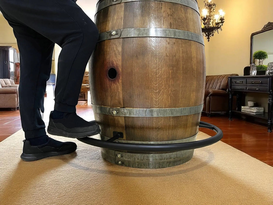 Person stepping onto a wooden barrel in a living room setting