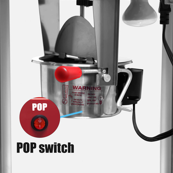 Popcorn machine with a red 'POP' switch on a white background