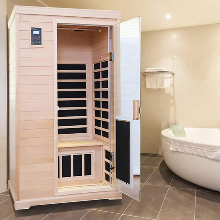 Infrared sauna in a room with a bathtub