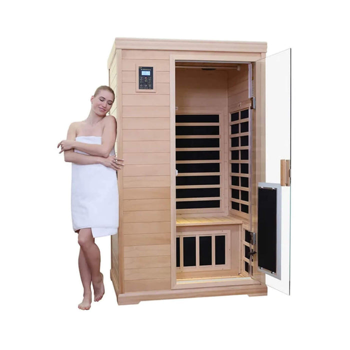 Woman standing next to an open infrared sauna on a white background
