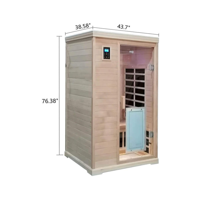 Wooden sauna with dimensions labeled on a white background