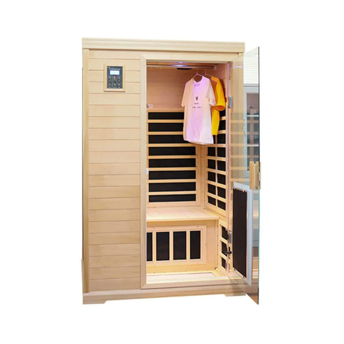Infrared sauna with clothes inside on a white background