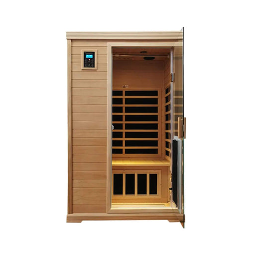Wooden infrared sauna with open door on a white background