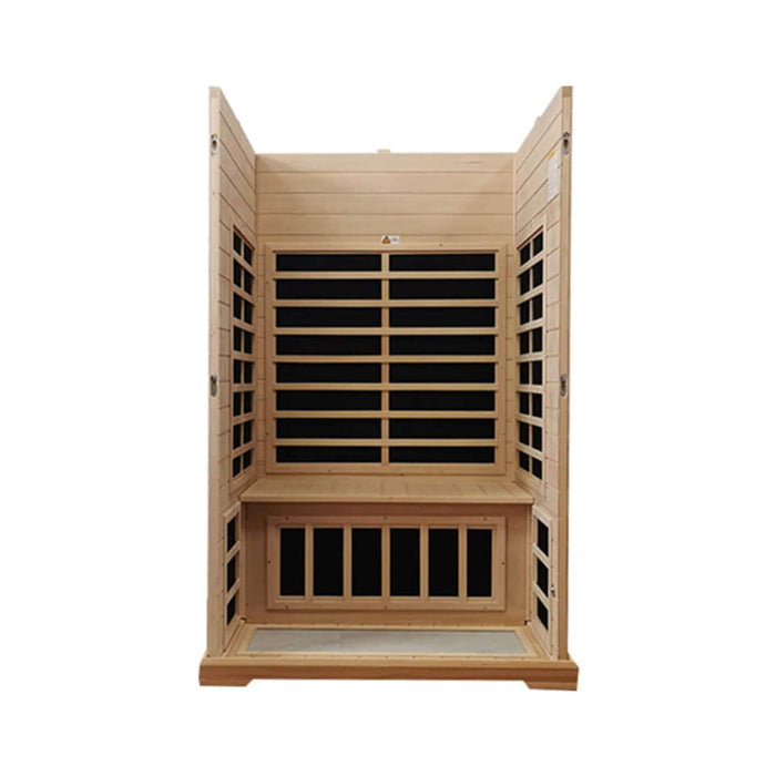 Wooden sauna with black interior on a white background