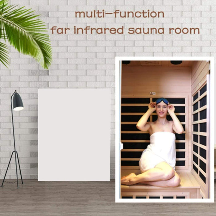 Woman in a multi-function far infrared sauna room with text overlay.