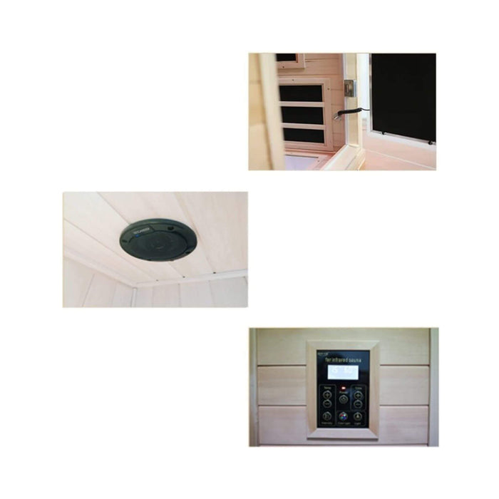 Collage of sauna equipment including a ceiling-mounted unit, control panel, and interior view.
