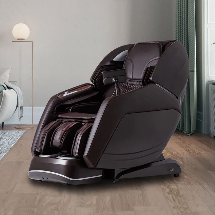 Massage chair in a room with a lamp and curtains