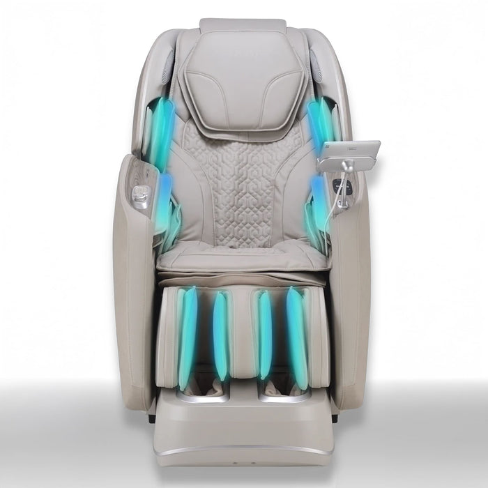 Massage chair with gray cushion and blue massage rollers on a white background