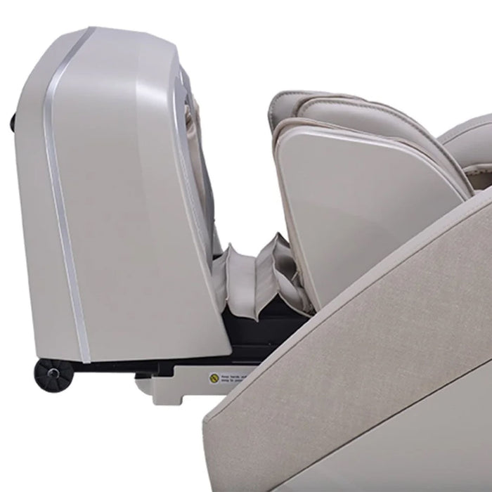 Beige massage chair with reclined position on a white background