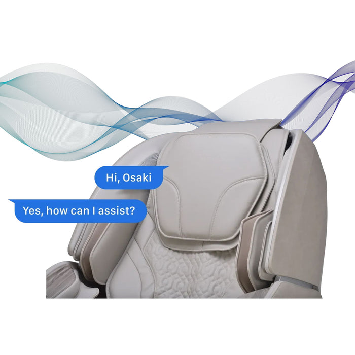 Massage chair with speech bubbles indicating interaction with 'Osaki' brand
