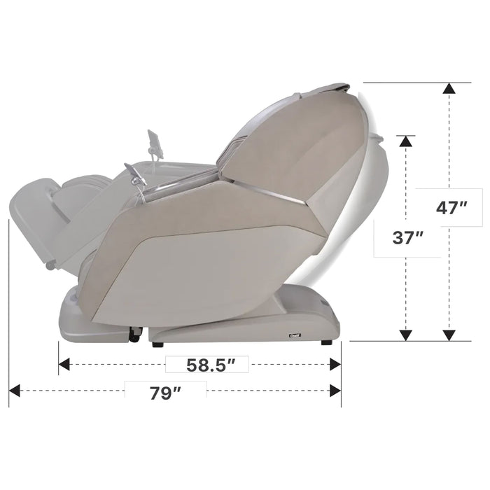 Massage chair with dimensions labeled on a white background