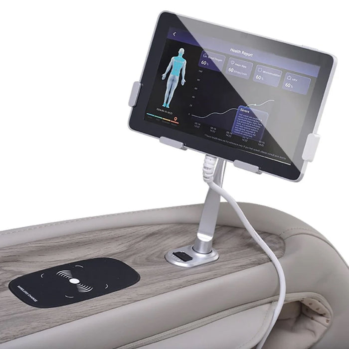 Digital tablet on a stand displaying health monitoring software on a vehicle's dashboard.