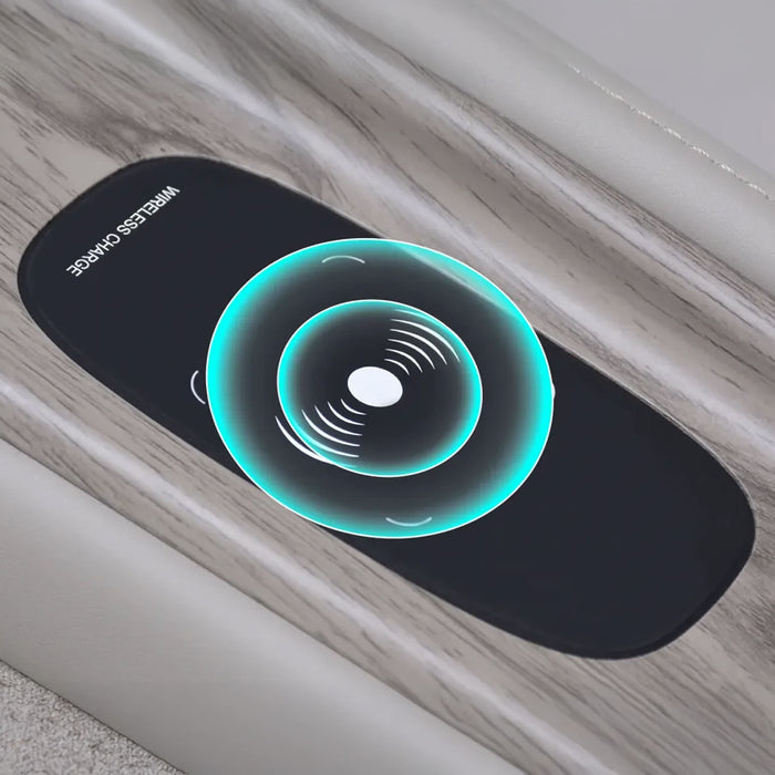 Wireless charging pad with glowing blue circle on a wooden surface