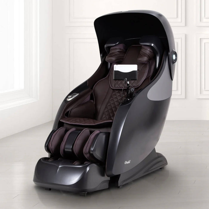Massage chair with brown interior and black exterior on a white floor.