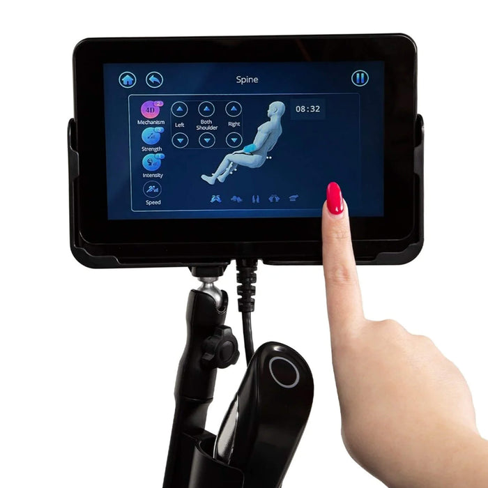 Hand interacting with a tablet displaying a spine analysis app on a white background