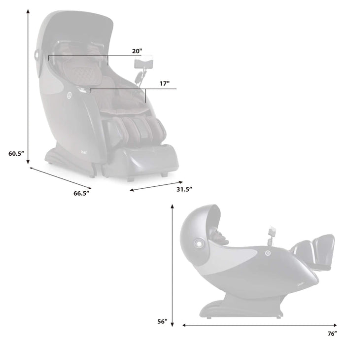 Dimensions of a massage chair and a shark-shaped pillow on a white background