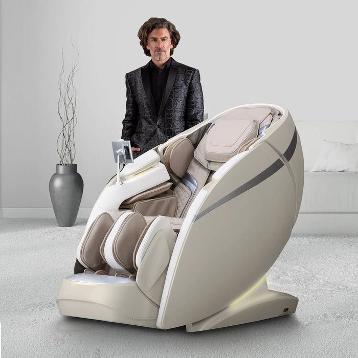Man standing next to a modern beige massage chair in a minimalistic room.