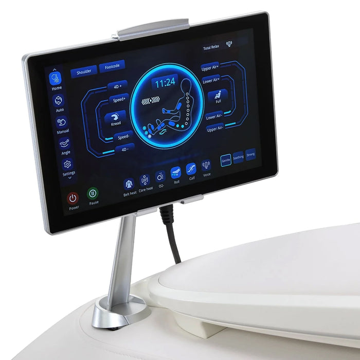 Digital display on a stand with a white background