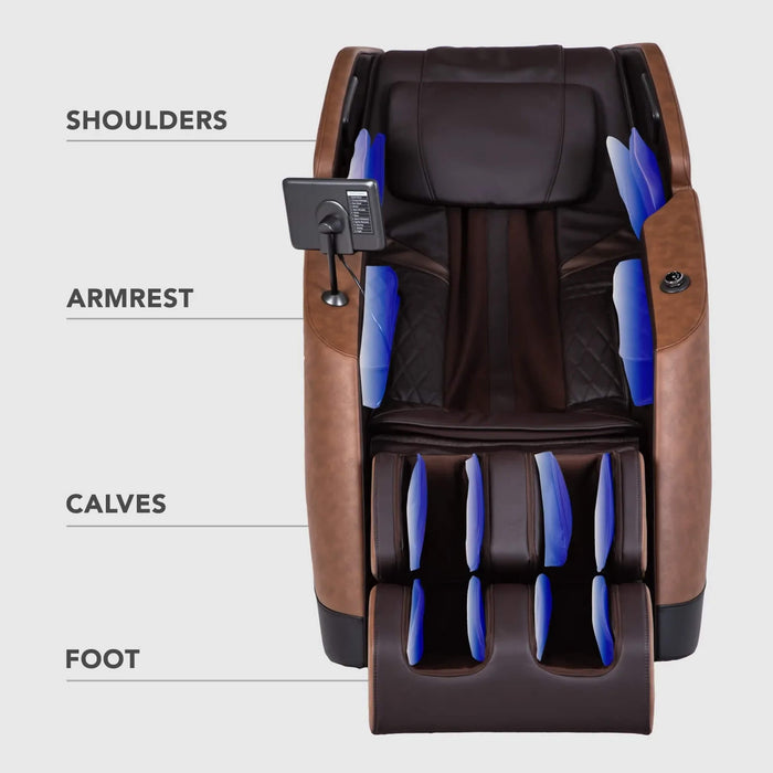 Massage chair with labeled parts on a white background