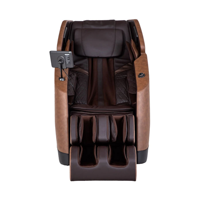Brown massage chair with control panel on a white background