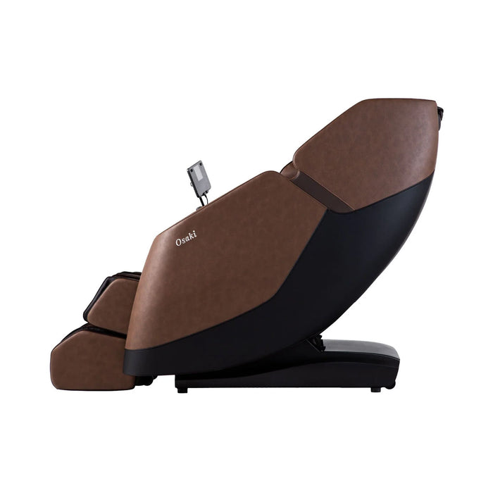 Brown and black massage chair with 'Osaki' branding on a white background