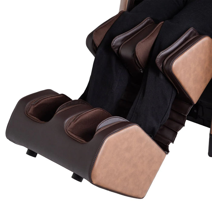 Massage chair with brown and black cushions on a white background