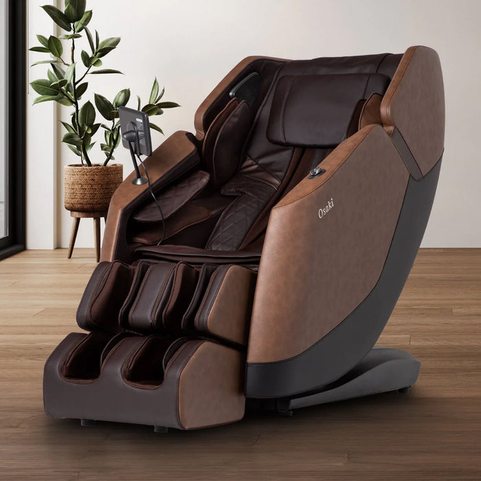 Brown massage chair in a room with a plant and a window.