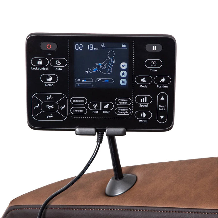 Control panel with digital display and buttons on a brown surface