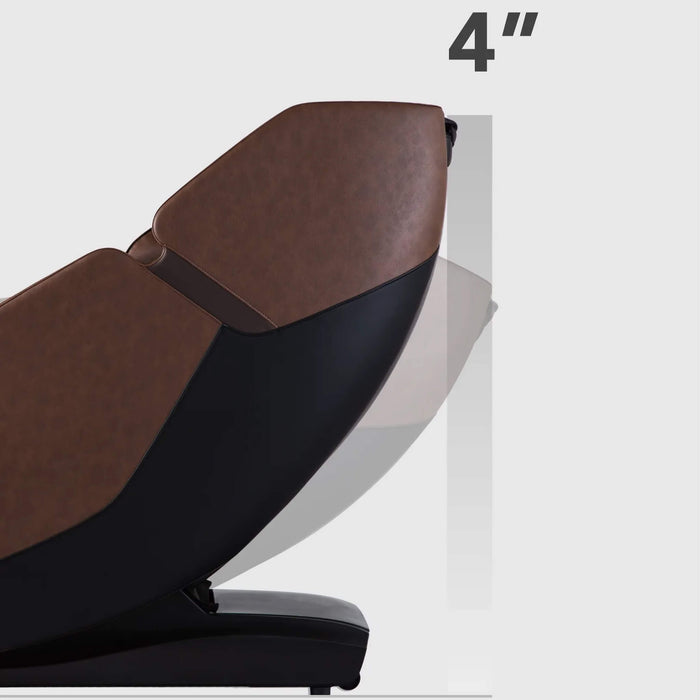 Brown and black massage chair with a measurement label indicating 4 inches.