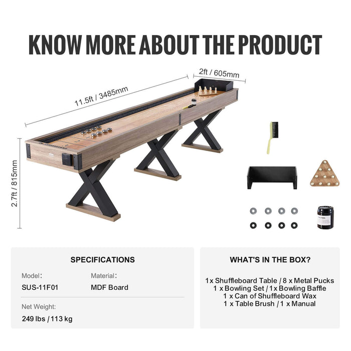 Shuffleboard table with dimensions and product details on a white background