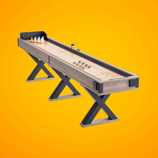 Shuffleboard table with components on a yellow background