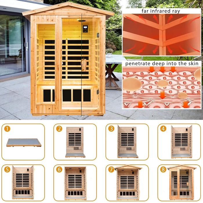 Wooden sauna with images and text about far infrared rays on a gray background