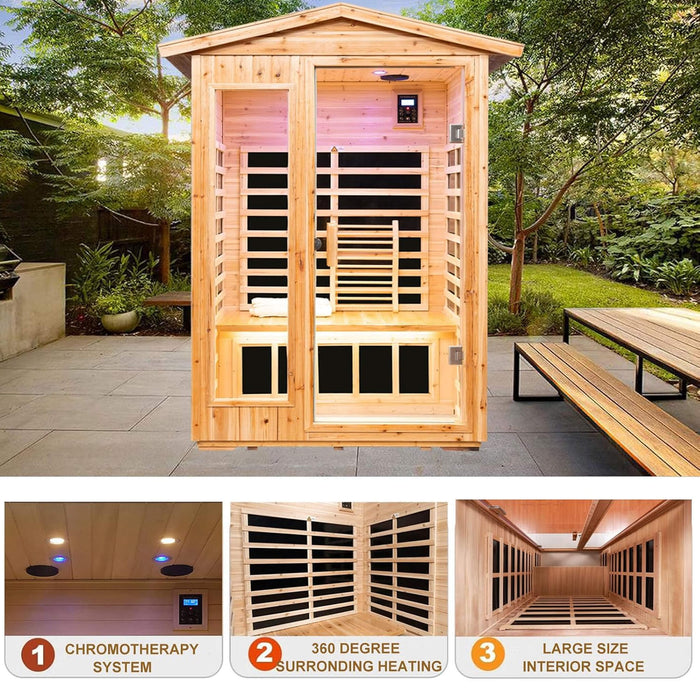 Wooden sauna with benches in a garden setting, featuring chromotherapy system, 360-degree heating, and large interior space.