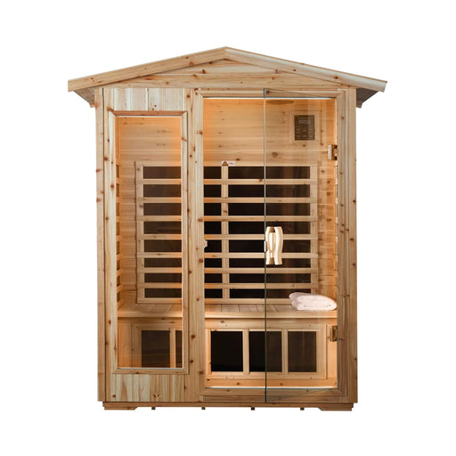 Wooden sauna with interior lights on a white background