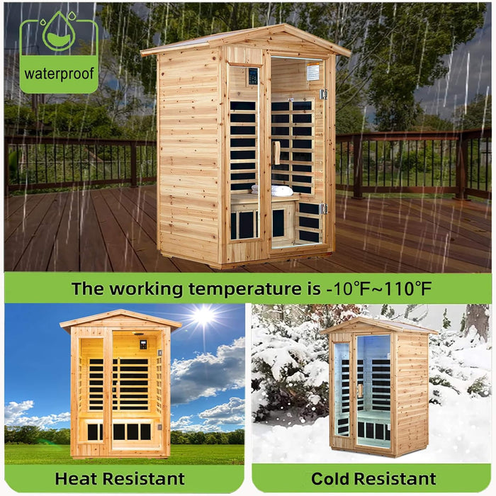 Wooden outdoor sauna with waterproof, heat-resistant, and cold-resistant features on a deck.