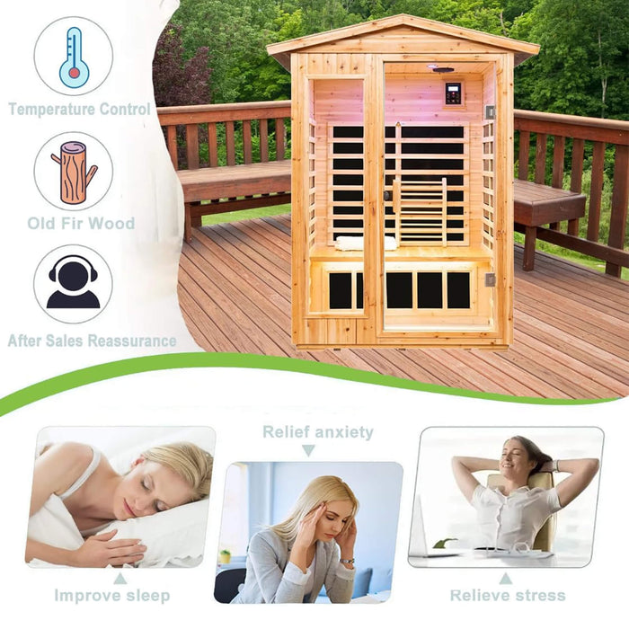 Wooden sauna on a deck with features and benefits displayed.