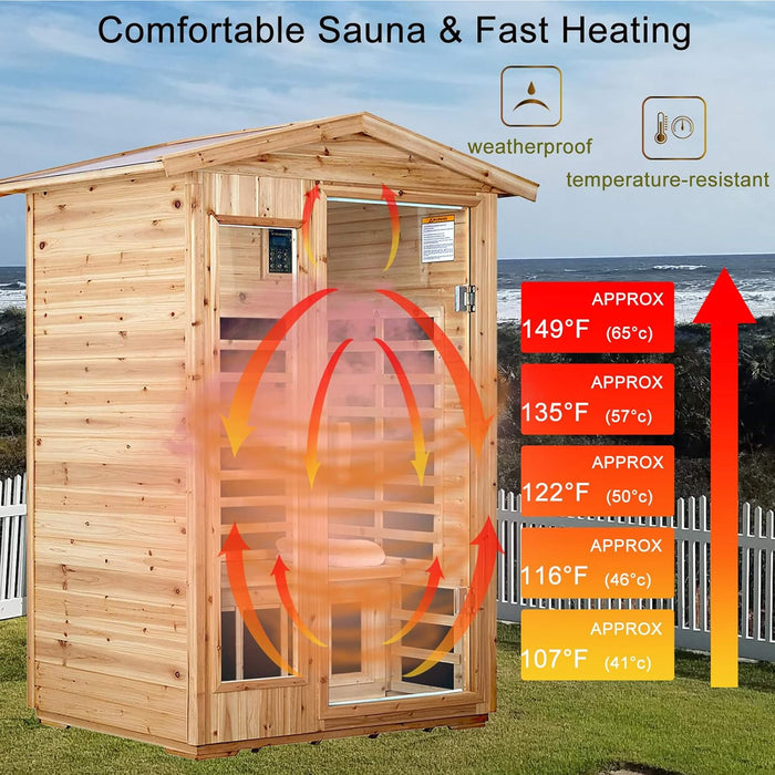 Wooden sauna with temperature indicators and ocean view