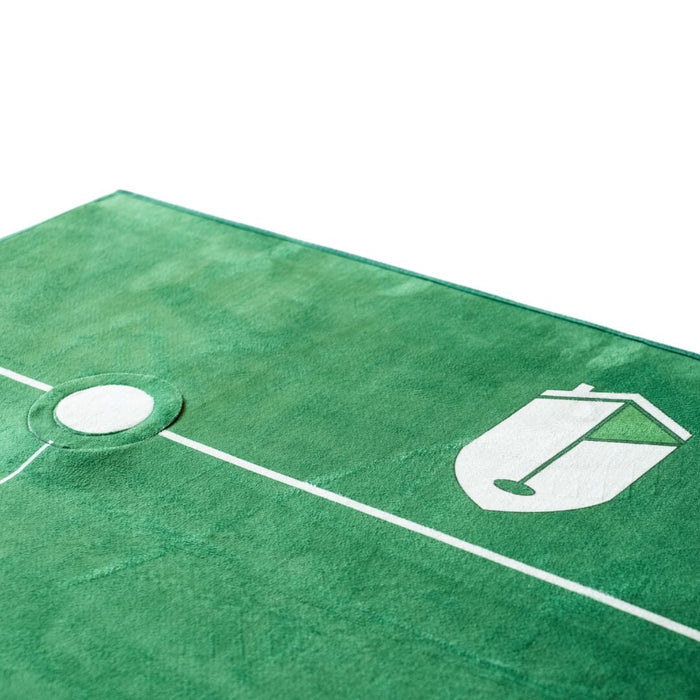 Green sports field mat with white markings on a white background