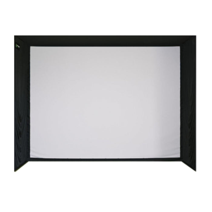 Golf Simulator Booth with white screen and black walls on white background