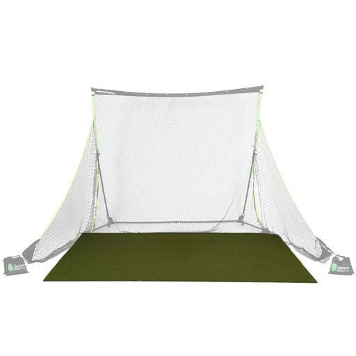 Golf practice net with green mat on a white background