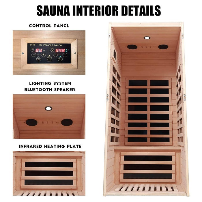 Sauna interior details including control panel, lighting system, Bluetooth speaker, and infrared heating plate.