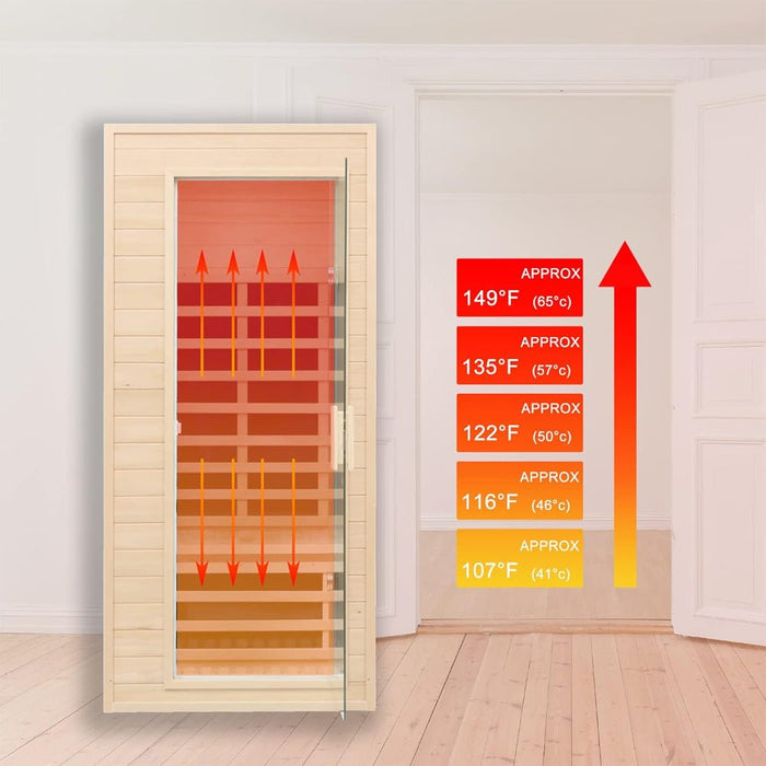 Wooden sauna door with temperature indicator on a white wall background